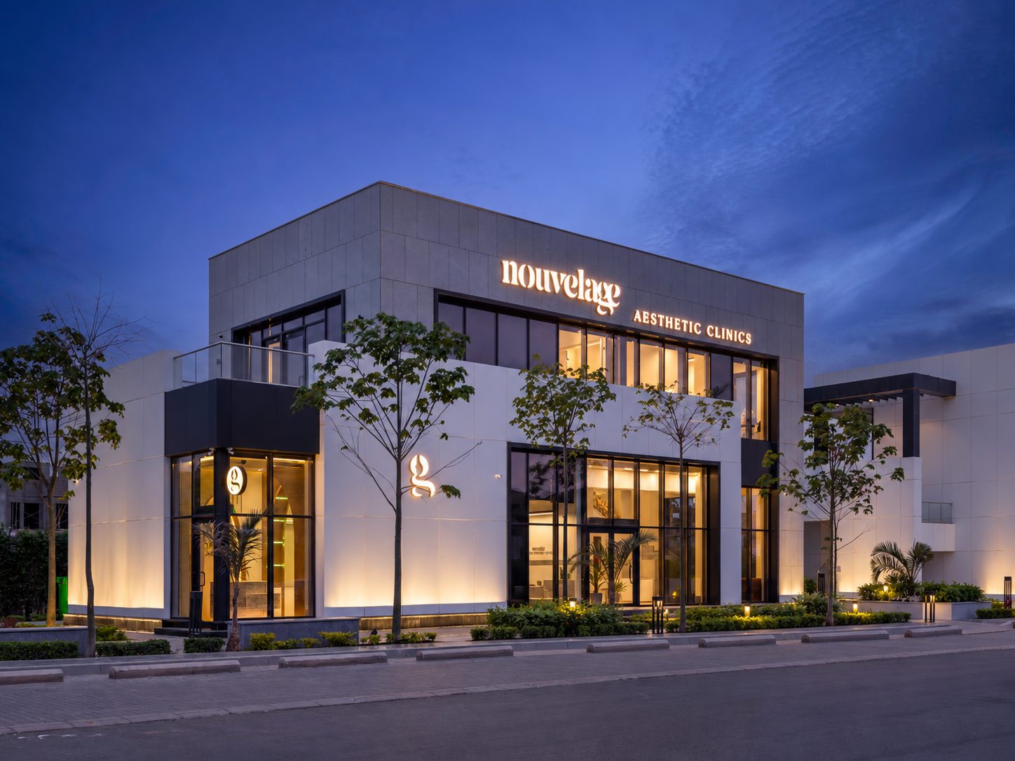 Nouvelage Aesthetic Clinics building at dusk